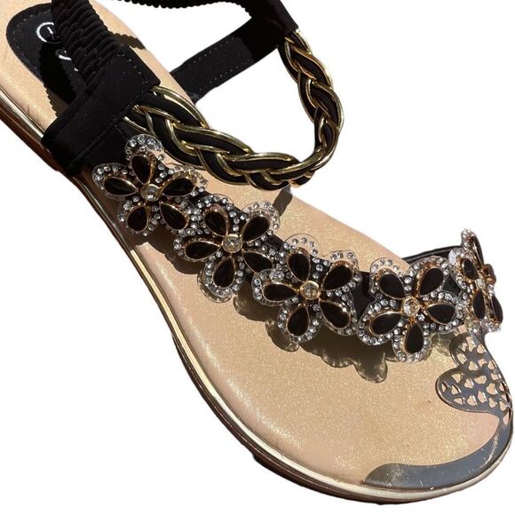 Italina Fuzzy Black Daisy Floral Rhinestone Gold Woven Sandals - Picture 1 of 11